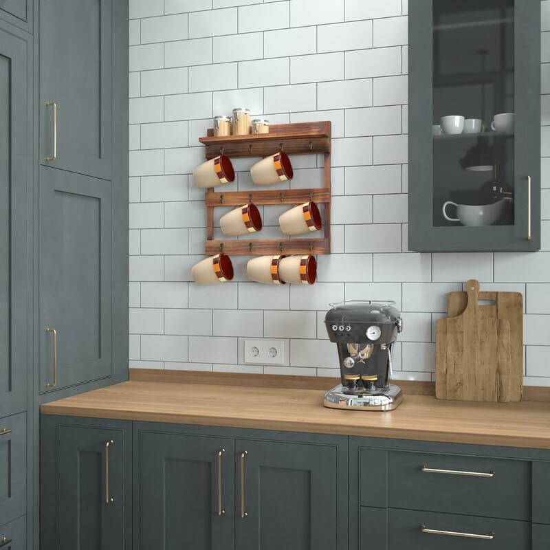 Wall Mount Coffee Mug Rack with Upper Storage Shelf - Rustic Brown