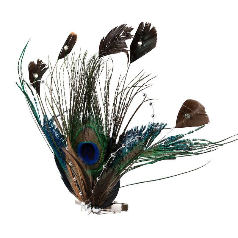 Peacock Ocelli Feather Clip-On Christmas Ornament -6" - Brown, Green and Blue