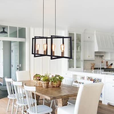 4-Light Black Rectangle Chandelier For Kitchen Island/Dining Table