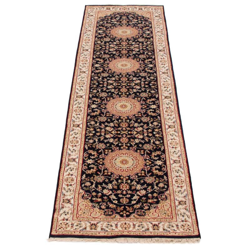 ECARPETGALLERY Hand-knotted Nain Dark Navy Silk, Wool Rug - 2'8 x 9'11