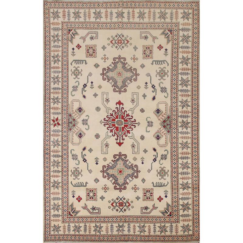 Hand Knotted Oriental 100% Wool Carpet Traditional Geometric Beige & Ivories Kazak Area Rug - 9' 7'' X 6' 7''