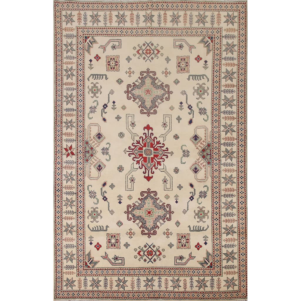 Hand Knotted Oriental 100% Wool Carpet Traditional Geometric Beige & Ivories Kazak Area Rug - 9' 7'' X 6' 7''