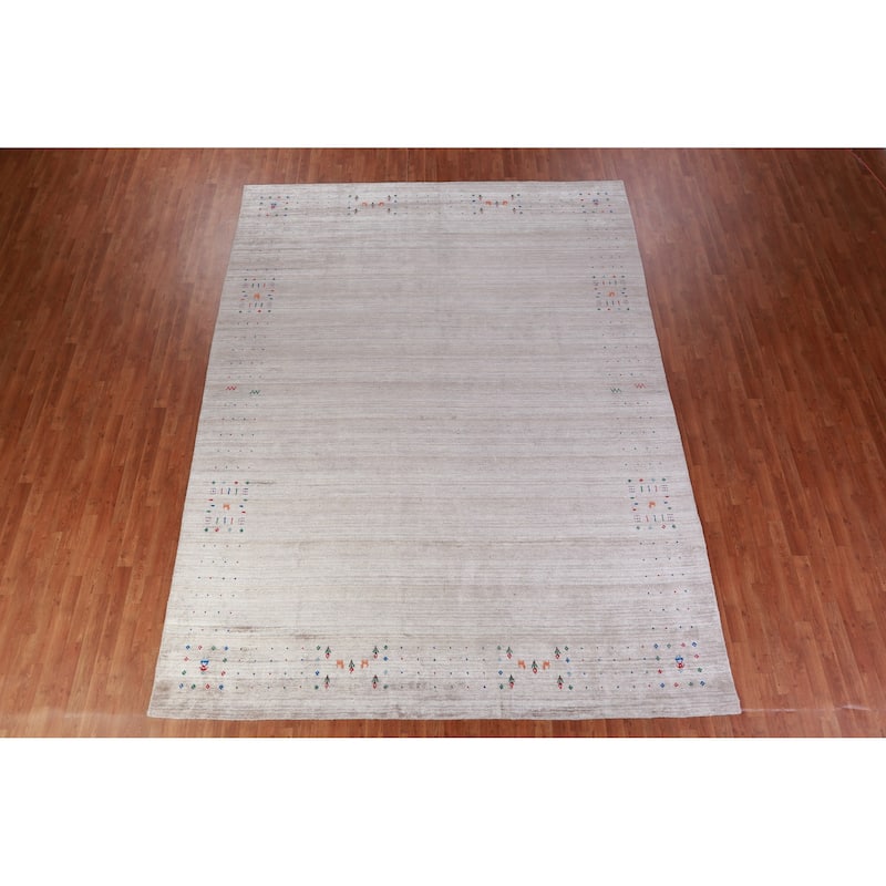 Hand Knotted Oriental 100% Wool Carpet Tribal Stripe Beige & Ivories Gabbeh Area Rug - 12' 3'' X 9' 2''