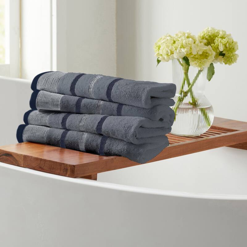 Linery & Co. Luxury Cotton Decorative Towel Set. - Hand Towel (Pack of 4) - Chambray Blue / White / Navy Blue.