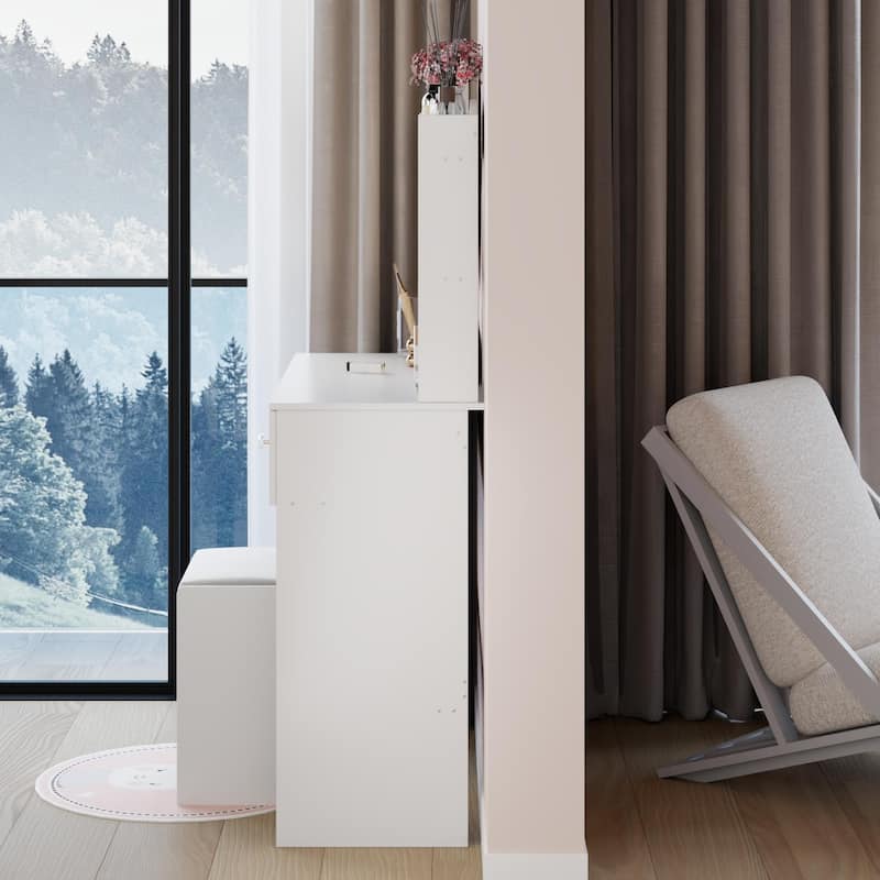 17" Round LED Mirror Vanity Table + Soft Cushion Stool Suit, Large Mirror, Touch Switch, 3 colors, Adjustable Brightness