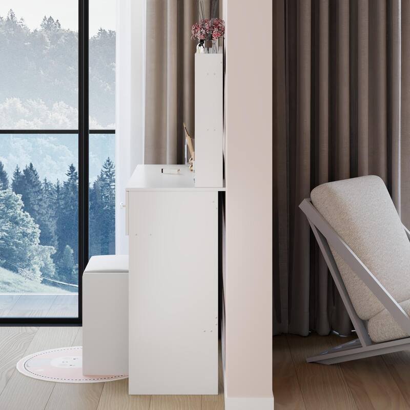 Round LED Mirror Vanity Table, Dressing Set with Cushioned Stool, Makeup Cabinet with Touch Mirror & Multi-layer Storage