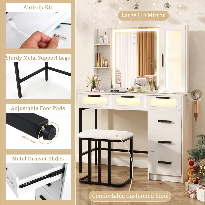 Gymax Vanity Desk w/ Mirror Induction Lighting 3-Color Lighting Modes