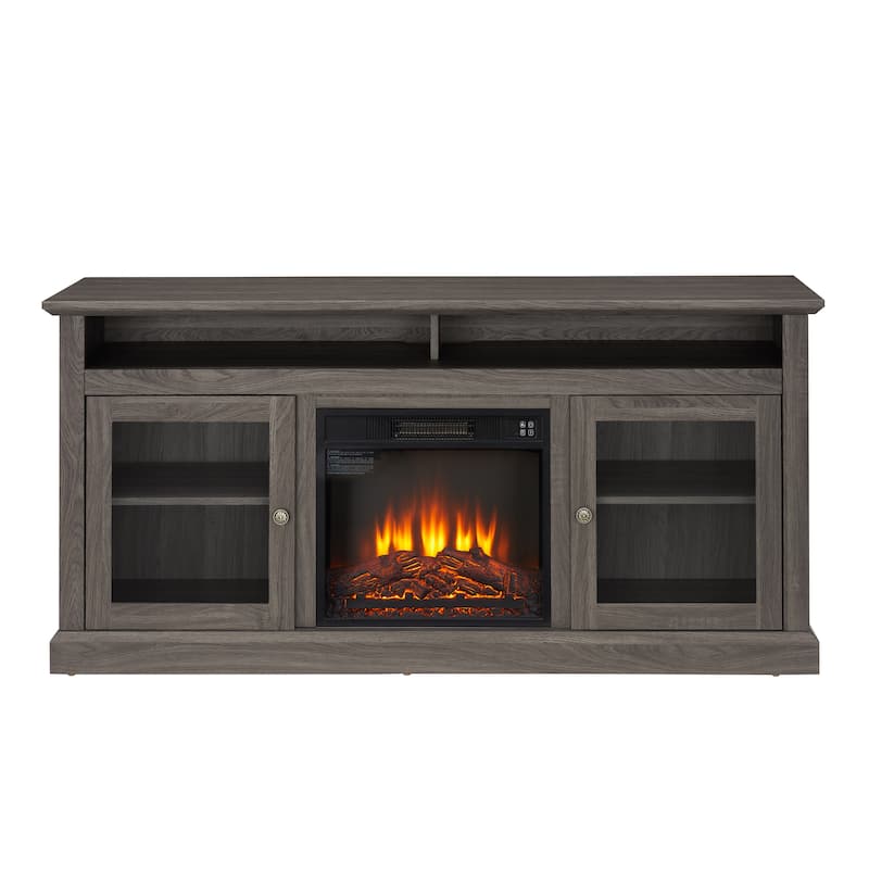 Modern Entertainment Console with 18" Fireplace Insert - Black + Dark Walnut
