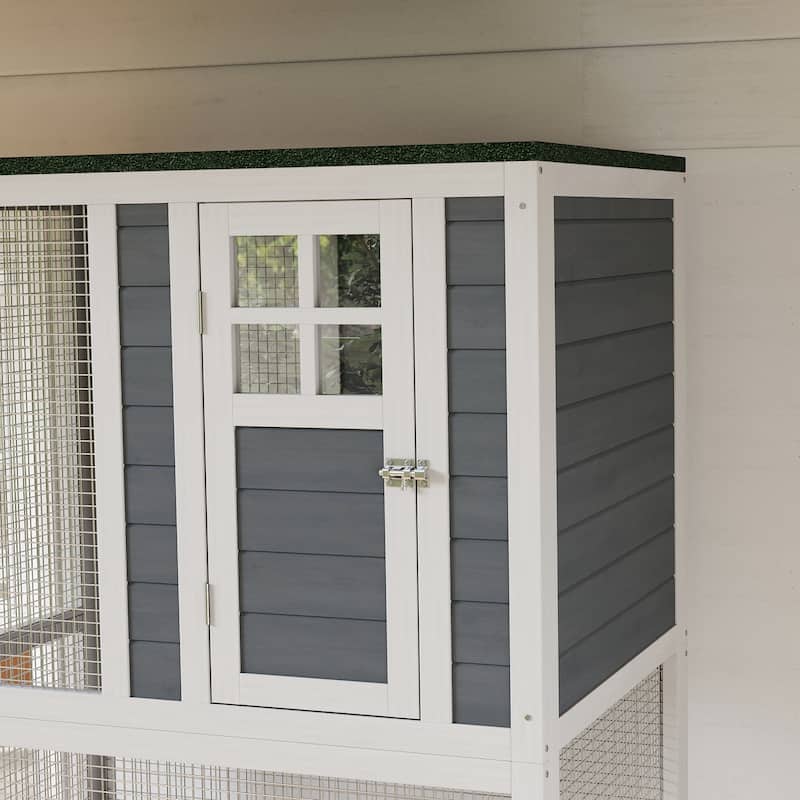 PawHut 74" Wooden Outdoor Cat House Catio Outdoor Cat Enclosure, Light Gray