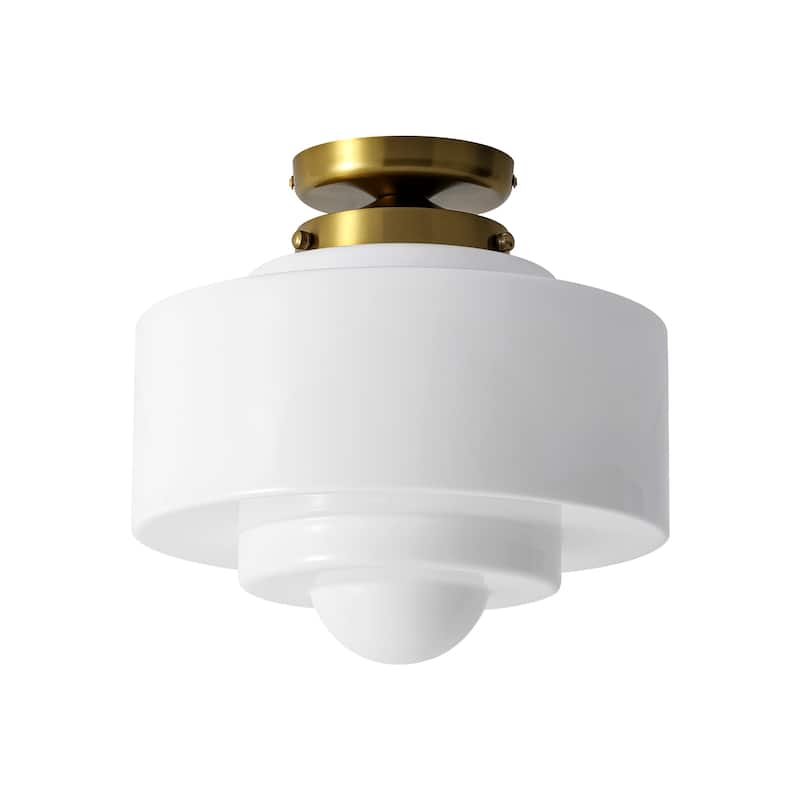 1-Light Mid-Century Modern Gold Cake-Shaped Semi-Flush Mount Ceiling Light with Opal Glass Shade for Bedroom, Kitchen