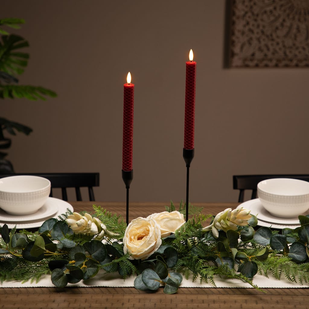 LED Flickering Flameless Taper Honeycomb Christmas Candles - 9.5" - Red - Set of 2
