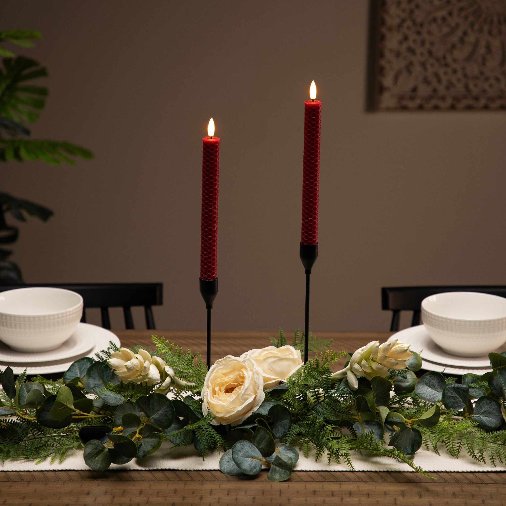LED Flickering Flameless Taper Honeycomb Christmas Candles - 9.5" - Red - Set of 2