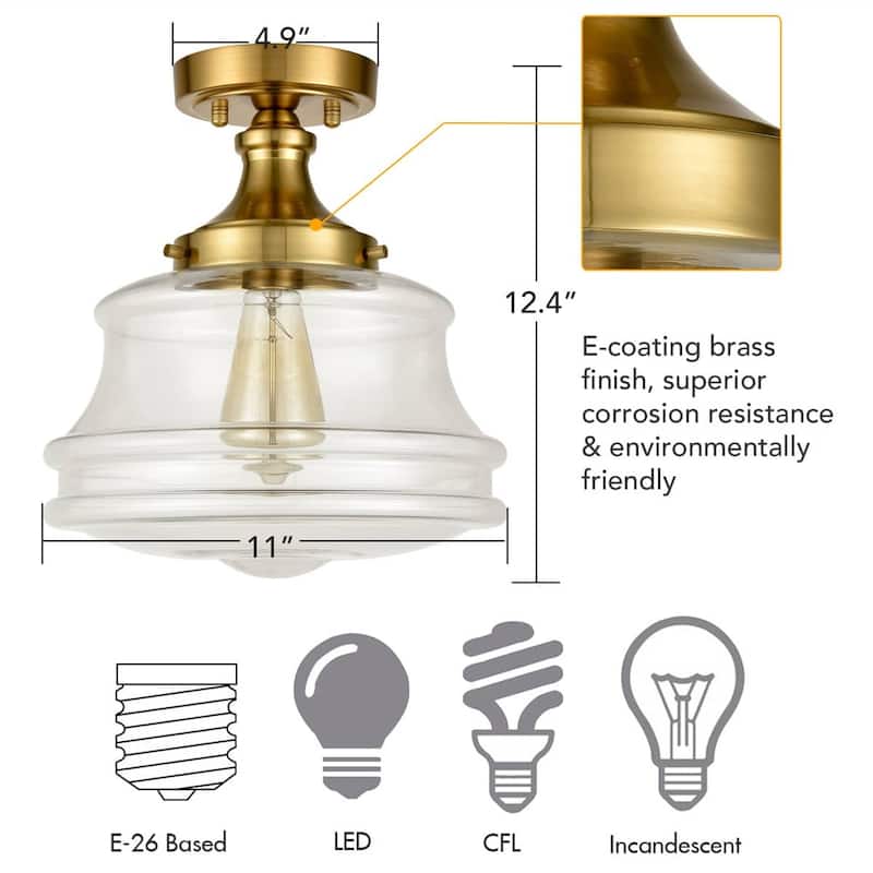 Orvieto Modern Brass Semi Flush Mount Ceiling Light Schoolhouse Fixture 1-Light