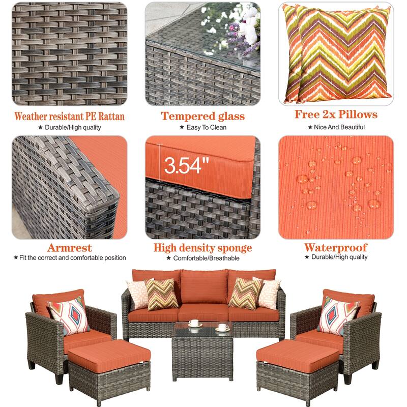 OVIOS 6-piece Outdoor Patio Wicker Conversation Set With Glass-Top Table