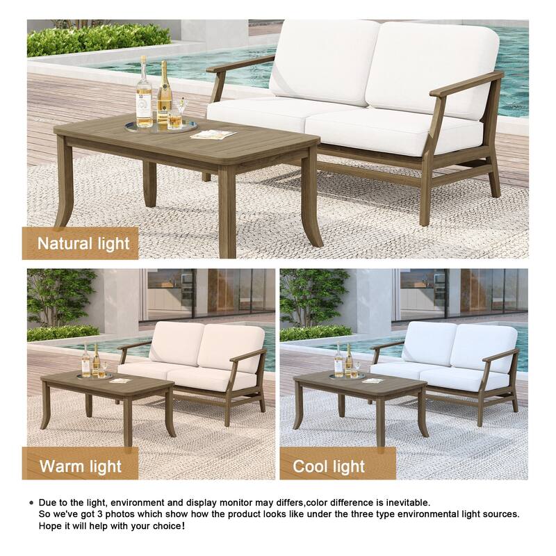 Teak Wood Patio Outdoor Loveseat Sofa and Coffee Table Set