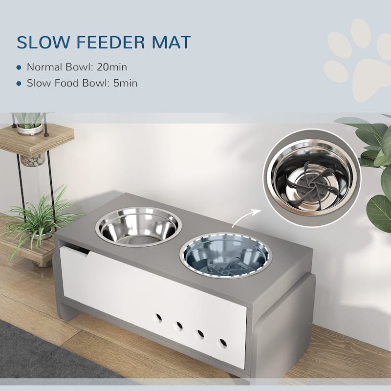 Adjustable Raised Dog Feeding Station with 2 Stainless Steel Bowls and Slow Feeder Mat Gray for Medium to Extra Large Dogs