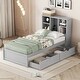 preview thumbnail 1 of 13, Modern Twin Bed Frame with Bookcase Headboard, Built-in USB Port, and 2 Storage Drawers Grey