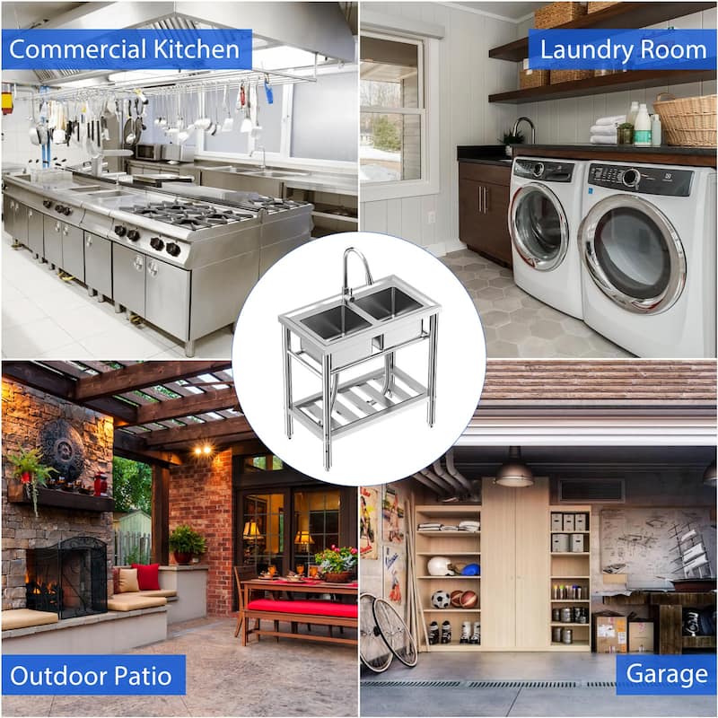 Freestanding Stainless Steel Double Bowl Sink for Garage, Kitchen