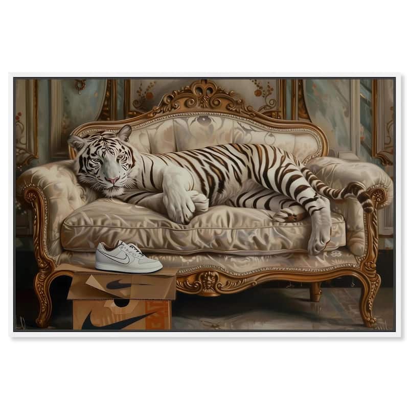 Lounging Sneaker Tiger Canvas by Art Remedy - White - 45" x 30"