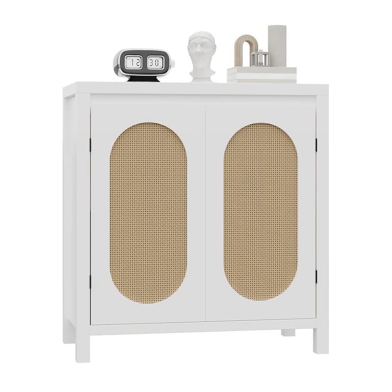Rattan Storage Cabinet with PVC Woven Doors, Wooden Sideboard Buffet, with Adjustable Shelf, Multifunctional Cupboard