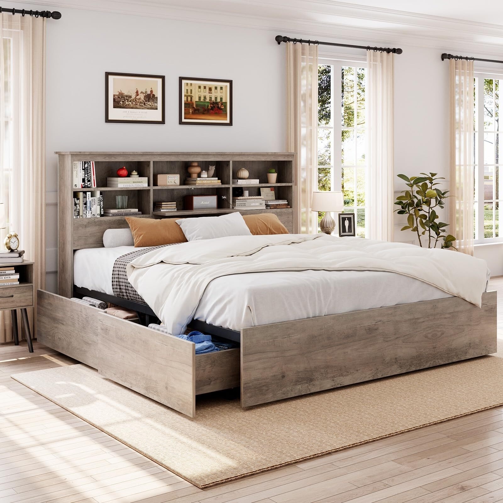 King Bed Frame with High Storage Bookcase Headboard, image size:1600x1600