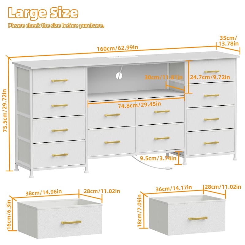 White Dresser for Bedroom with Power Outlets And LED Lights, TV Pedestals, Large Size TV Stand with 12 Drawers