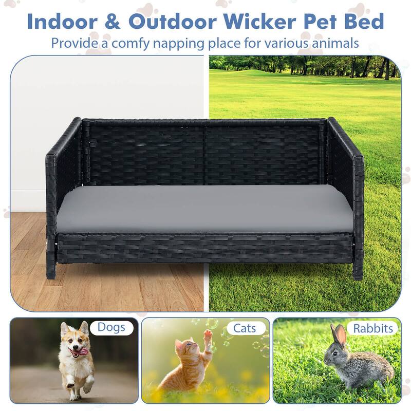 Gymax Rattan Dog Bed w/ Waterproof Soft Cushion Metal Frame for Medium