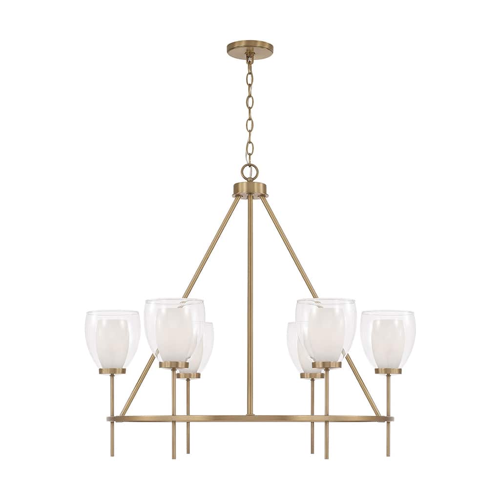 35" W x 31" H 6-Light Ring Chandelier in Aged Brass with Layered White and Clear Glass - 34.5"W x 31"H