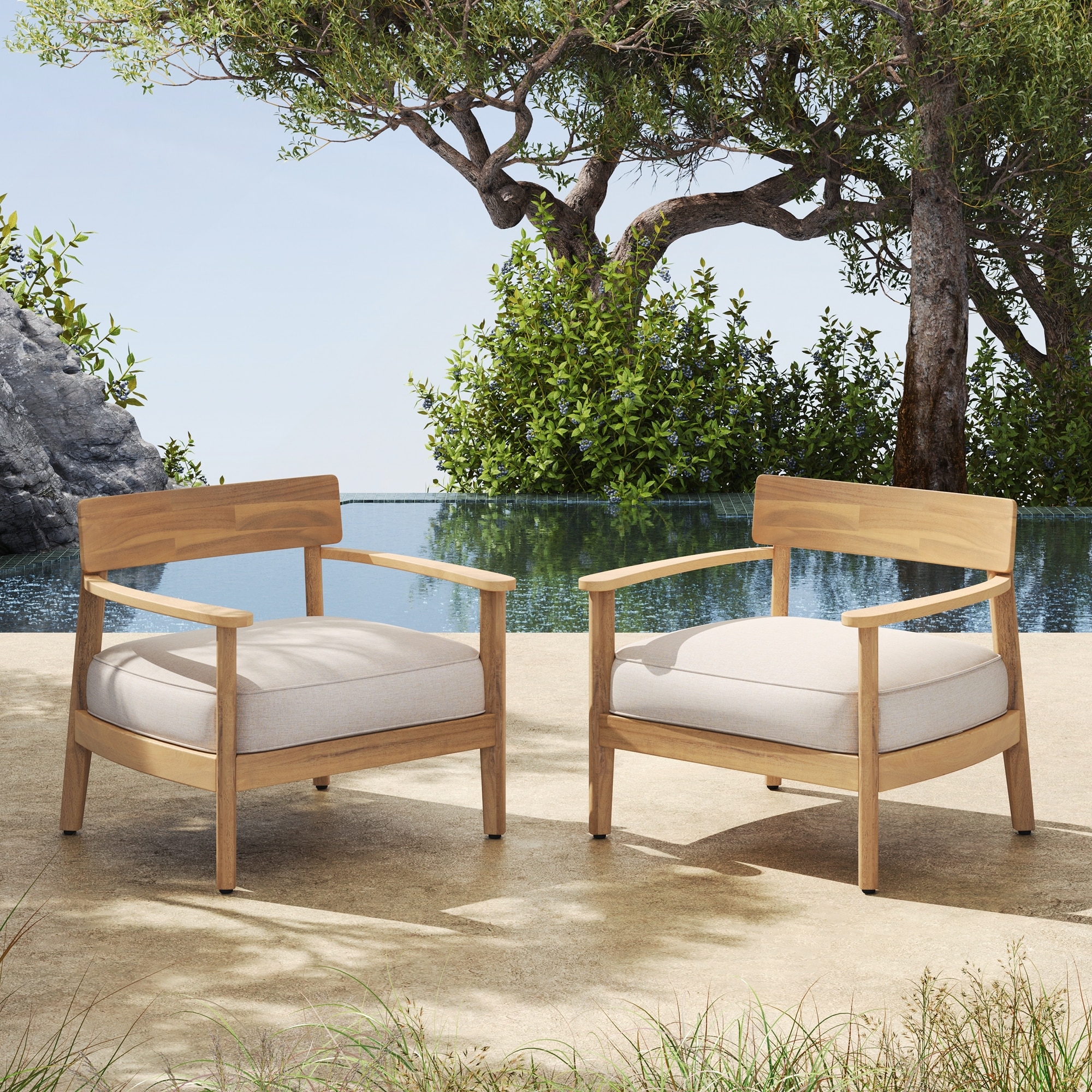 Acacia Wood Club Chair With Seat Cushion Set of 2