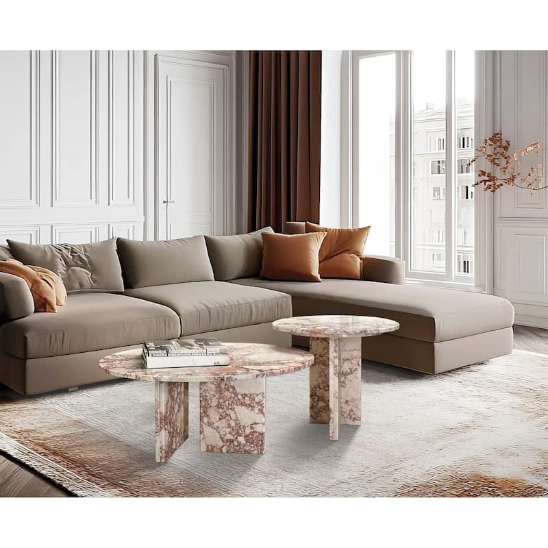 Roomfitters Marble Coffee Table Set, Round Living Room Tables, Solid Stone Modern Accent Table Set, Genuine Marble
