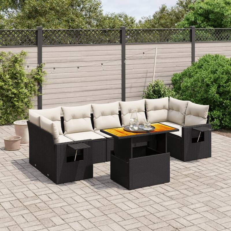 vidaXL Patio Sofa Set with Cushions Modular Sofas and Table 8 Piece Poly Rattan - 21.7 x 39.4 x 28.7 - Black