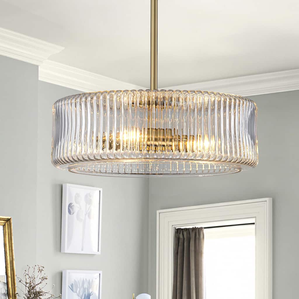 Modern Industrial 3-Light Clear Ribbed Glass Drum Pendant Light for Dining and Living Room