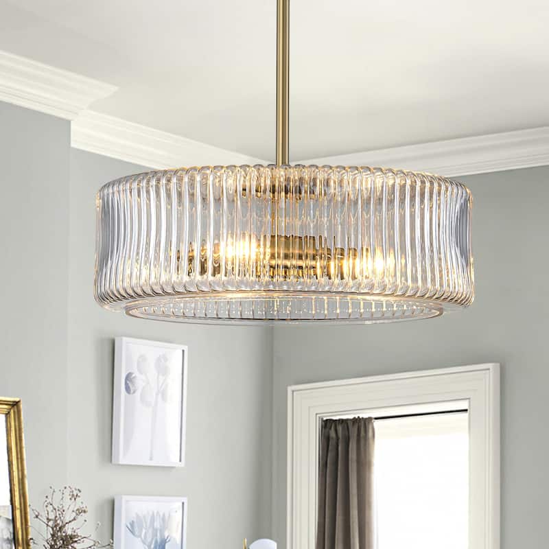 Modern Industrial 3-Light Clear Ribbed Glass Drum Pendant Light for Dining and Living Room