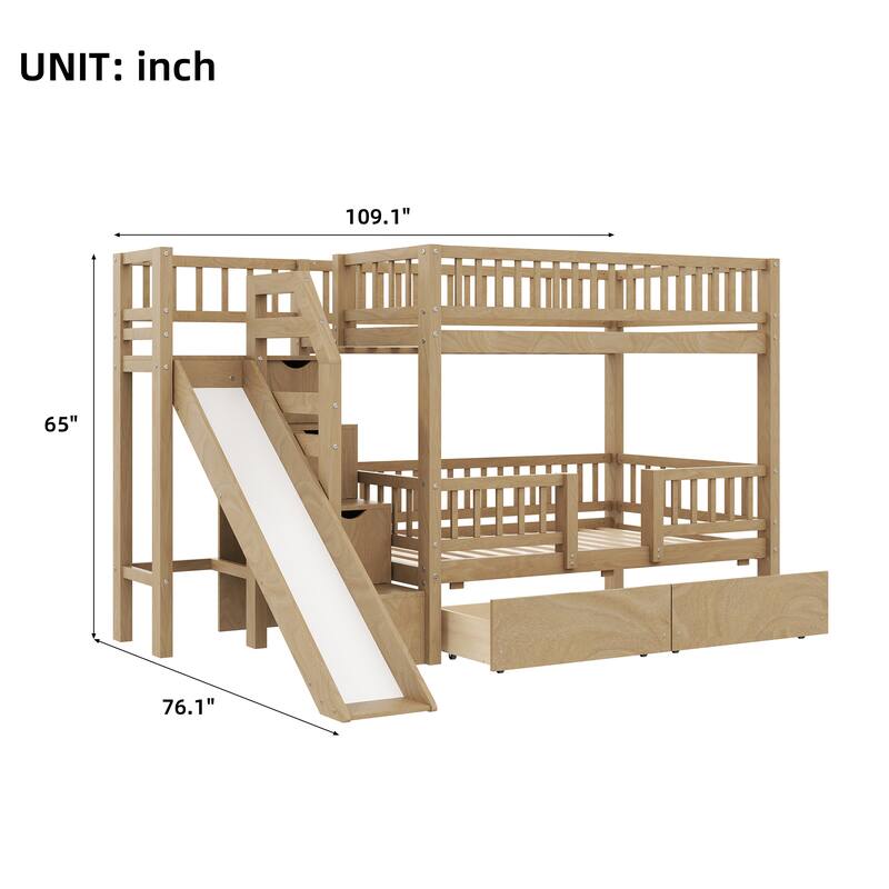 Twin Over Twin Bunk Bed with Storage Staircase, Slide and 2 Drawers