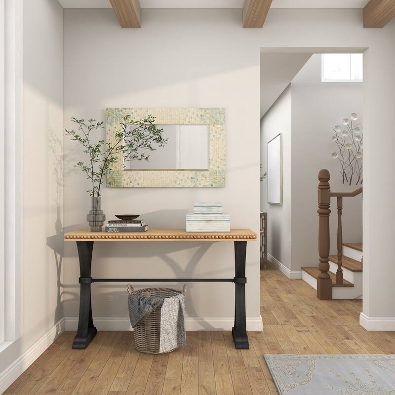 Cream Mother of Pearl Shell Handmade Mosaic Room Wall Mirror with Blue Corners