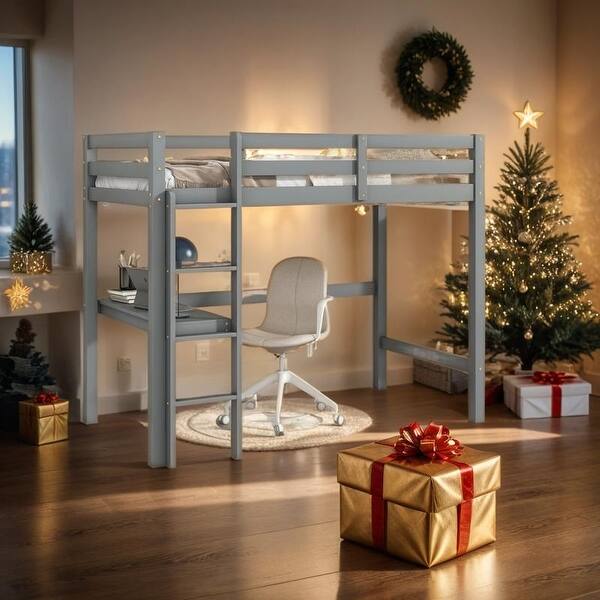 slide 2 of 9, Comprehensive Design Twin Loft Bed with built-in desk, Space-saving, Safety and Quality Guaranteed, Stylistic Elements, Grey Grey