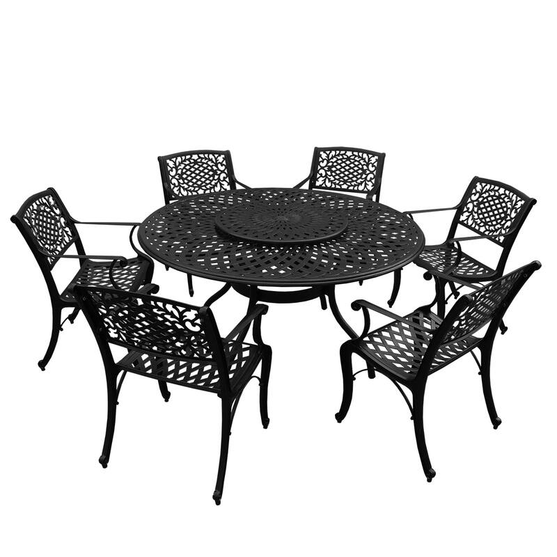 Outdoor Lattice 59-in. Round Dining Set with Lazy Susan and Six Chairs - Black