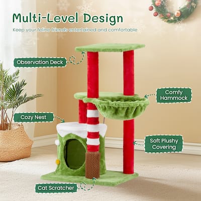 Cat Scratching Posts Tower With Cat Condo And Hammock, Christmas Themed Plush Cat Tree With Cat Massage Brush