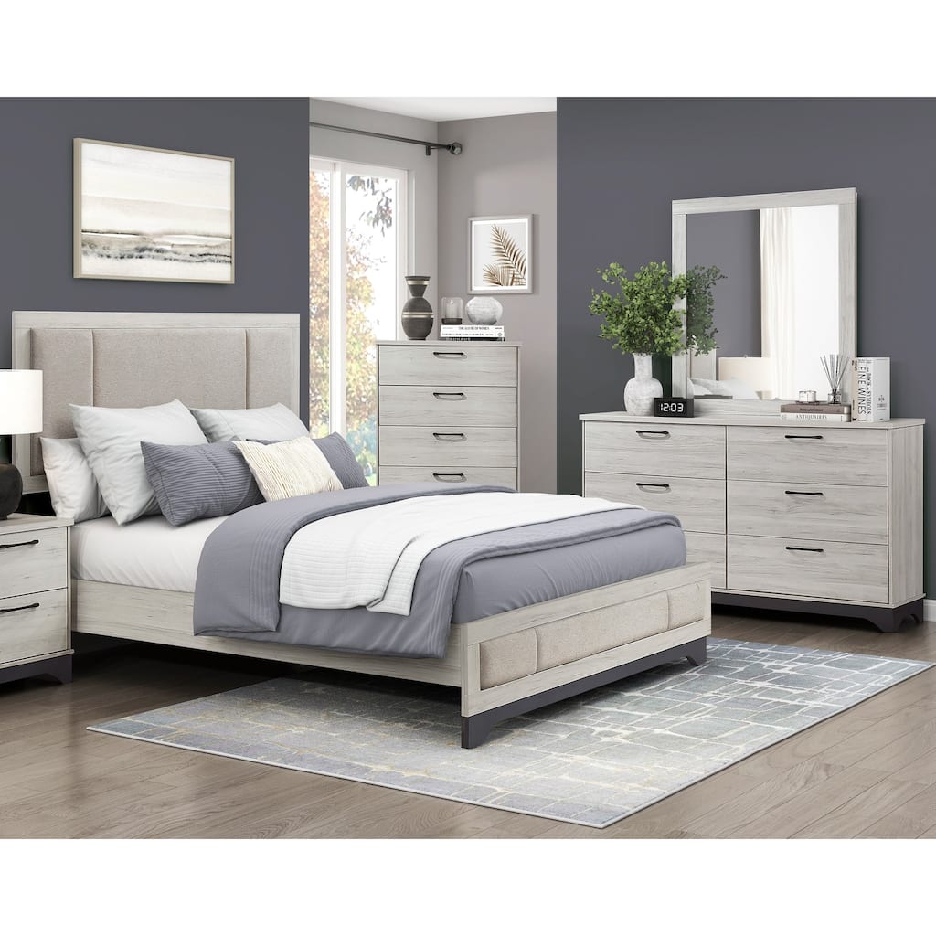 4pc Bedroom Set Two-Tone Finish Platform Bed Dresser Mirror Chest