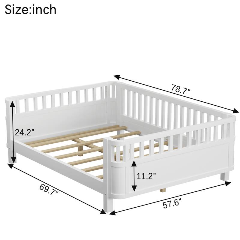 Wood Twin/Full Size Platform Bed with Safety Rails, Low Profile Kids Bed Frame for Girls and Boys