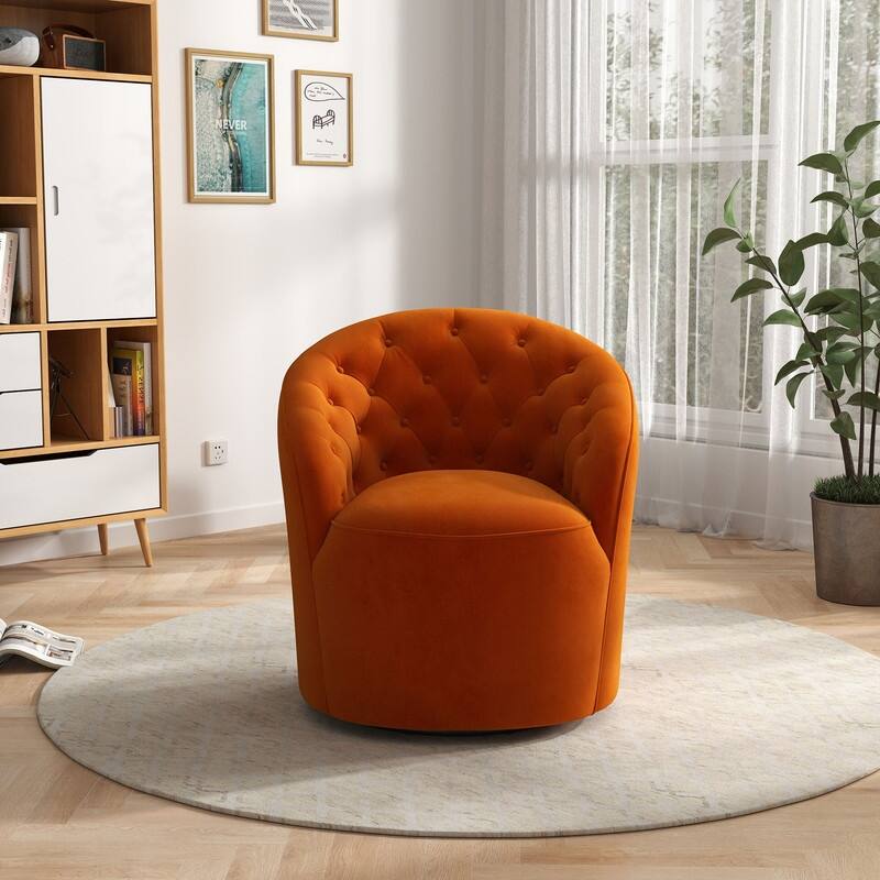 SEYNAR Modern Velvet Upholstered 360 Degree Swivel Barrel Chair with Button Tufted Back - Orange