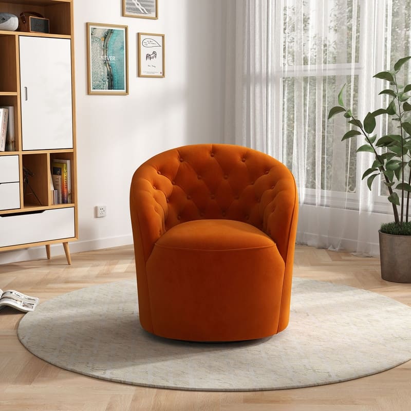 SEYNAR Modern Velvet Upholstered 360 Degree Swivel Barrel Chair with Button Tufted Back