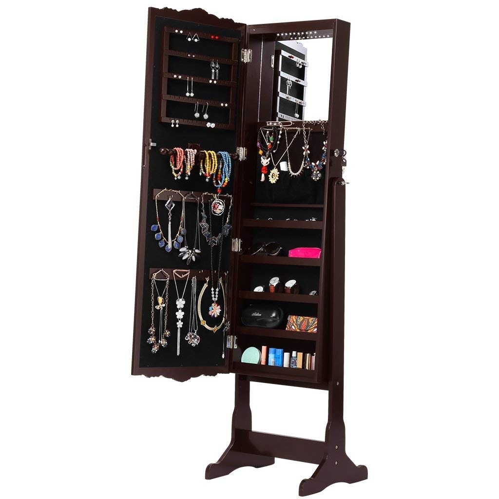LANGRIA Mirror Jewelry Armoire Cabinet with 10 LEDs and 5 Shelves