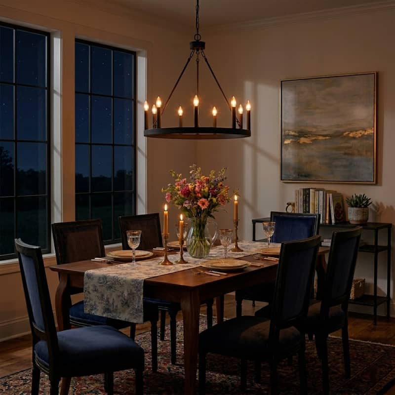 Modern Farmhouse Black Round Wagon Wheel Chandelier