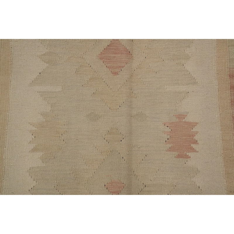 Hand Woven Oriental 100% Wool Carpet Southwestern Tribal Beige & Ivories Kilim Area Rug - 9' 8'' X 6' 7''