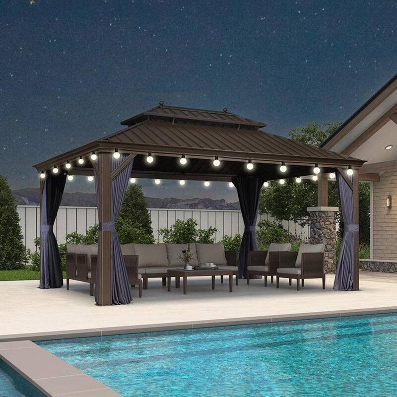 PURPLE LEAF Hardtop Aluminum Gazebo with Curtains and Netting, Double Roof Patio Gazebo