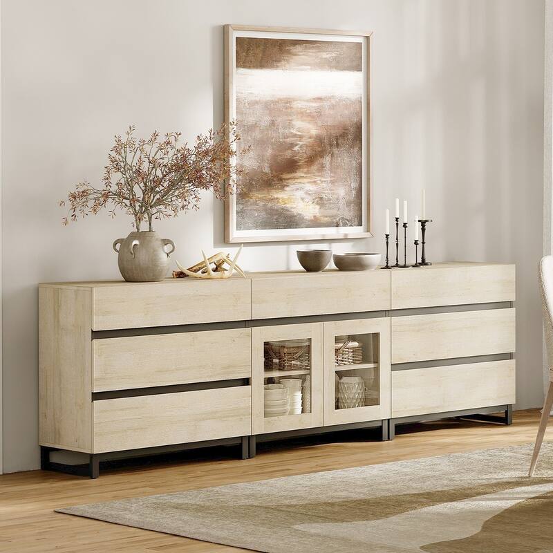 WAMPAT 3 in 1 Sideboard Buffet Cabinets with Glass Doors and 7 Drawers, Coffee Bar Cabinet Storage Cabinet for Kitchen