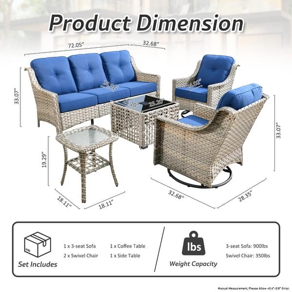 dimension image slide 1 of 8, OVIOS 5-Piece Outdoor Wicker Swivel Chair Set With Solar-Powered Table