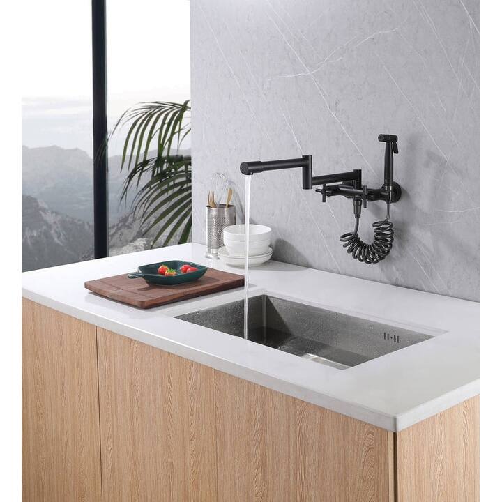 Matte black Pot Filler Faucet Folding Stretchable Brass Hot & Cold Kitchen Faucet Wall Mount with side sprayer - 7'9" x 10'10"