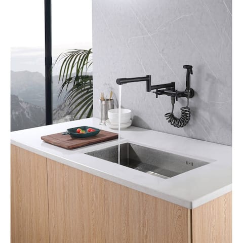 Matte black Pot Filler Faucet Folding Stretchable Brass Hot & Cold Kitchen Faucet Wall Mount with side sprayer - 7'9" x 10'10"